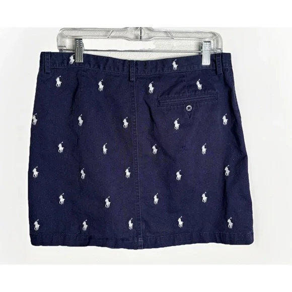 Polo Ralph Lauren Navy Blue All Over Embroidered Pony Logo Preppy Mini Skirt - Picture 6 of 8